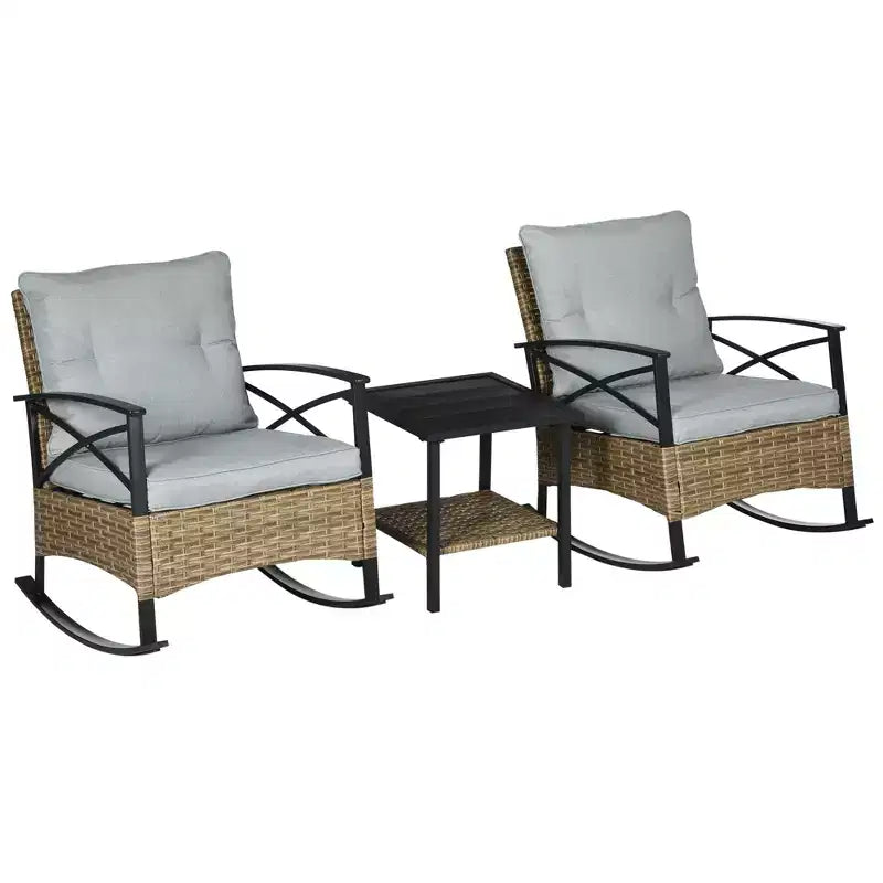 Outsunny 3 Piece Rocking Wicker Bistro Set, Outdoor Patio Furniture Set with two Porch Rocker Chairs, Cushions, Two-Tier Coffee Table