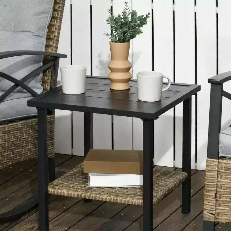 Outsunny 3 Piece Rocking Wicker Bistro Set, Outdoor Patio Furniture Set with two Porch Rocker Chairs, Cushions, Two-Tier Coffee Table