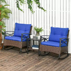 Outsunny 3 Piece Rocking Wicker Bistro Set, Outdoor Patio Furniture Set with two Porch Rocker Chairs, Cushions, Two-Tier Coffee Table