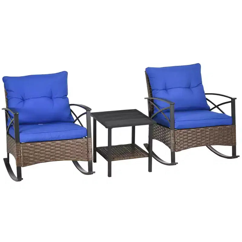 Outsunny 3 Piece Rocking Wicker Bistro Set, Outdoor Patio Furniture Set with two Porch Rocker Chairs, Cushions, Two-Tier Coffee Table