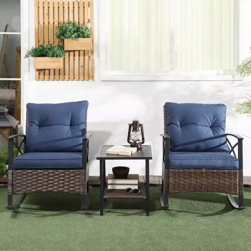 Outsunny 3 Piece Rocking Wicker Bistro Set, Outdoor Patio Furniture Set with two Porch Rocker Chairs, Cushions, Two-Tier Coffee Table