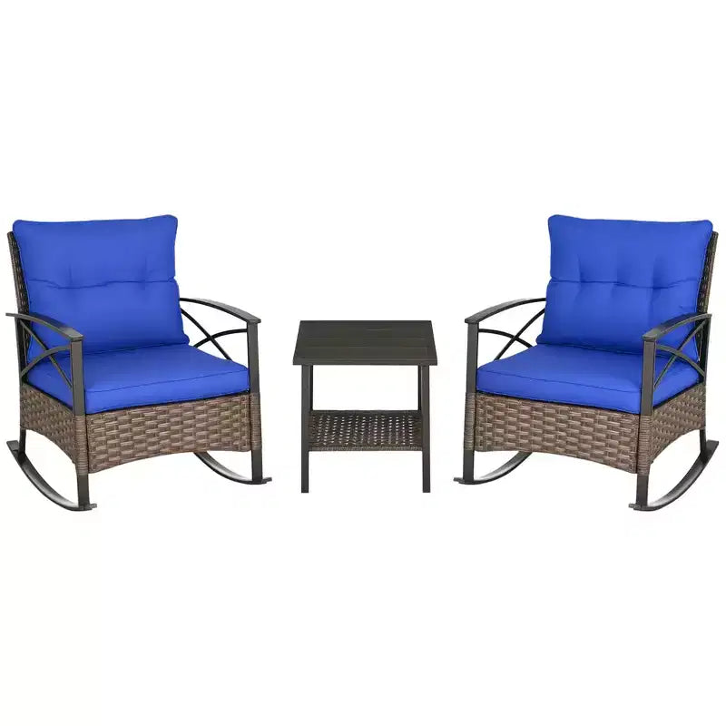 Outsunny 3 Piece Rocking Wicker Bistro Set, Outdoor Patio Furniture Set with two Porch Rocker Chairs, Cushions, Two-Tier Coffee Table