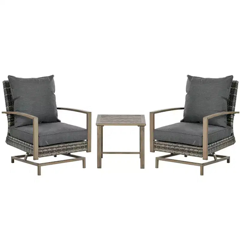 Outsunny 3-Piece Patio Bistro Set, PE Rattan Wicker Outdoor Furniture with Soft Cushions, 2 Rocking Chairs, Slatted Coffee Table