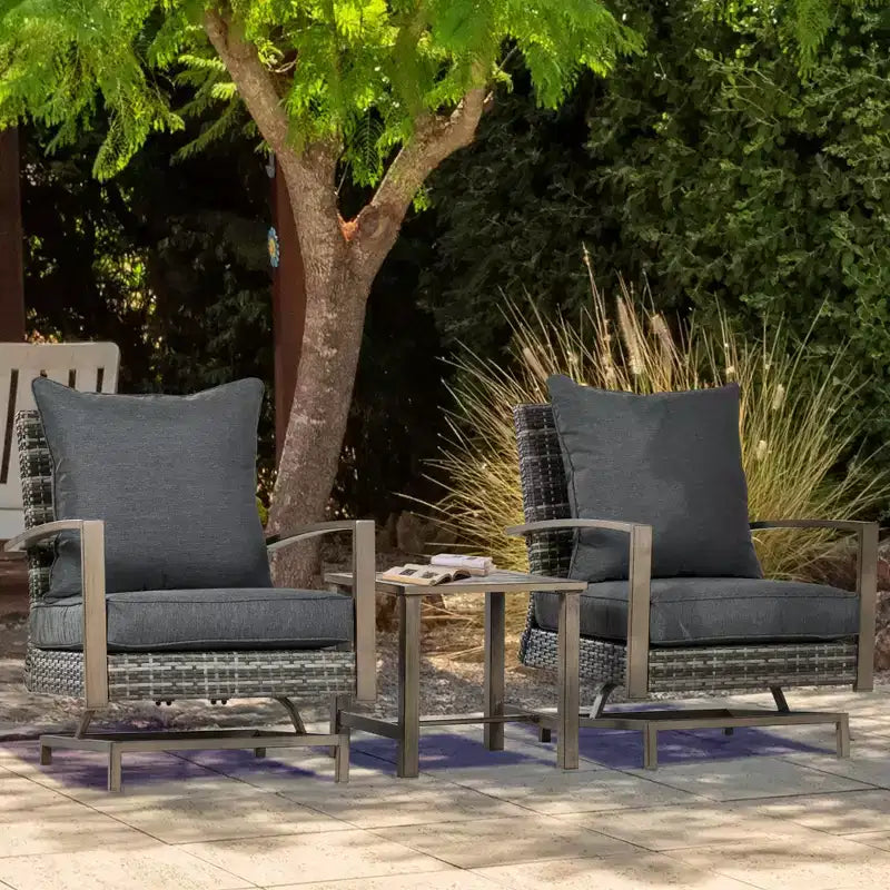 Outsunny 3-Piece Patio Bistro Set, PE Rattan Wicker Outdoor Furniture with Soft Cushions, 2 Rocking Chairs, Slatted Coffee Table