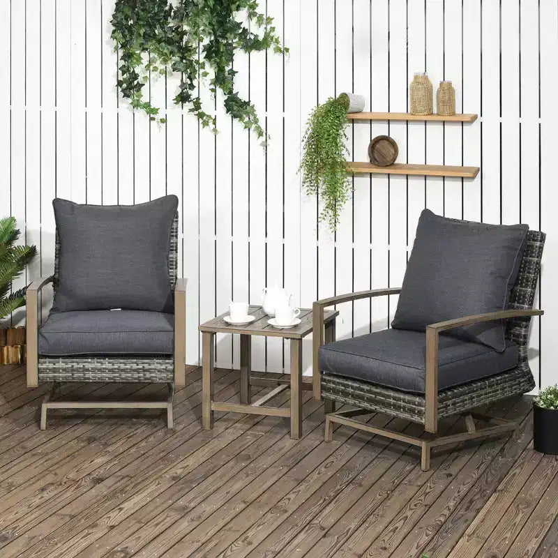 Outsunny 3-Piece Patio Bistro Set, PE Rattan Wicker Outdoor Furniture with Soft Cushions, 2 Rocking Chairs, Slatted Coffee Table