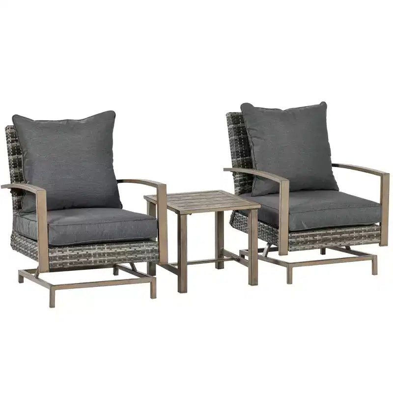 Outsunny 3-Piece Patio Bistro Set, PE Rattan Wicker Outdoor Furniture with Soft Cushions, 2 Rocking Chairs, Slatted Coffee Table