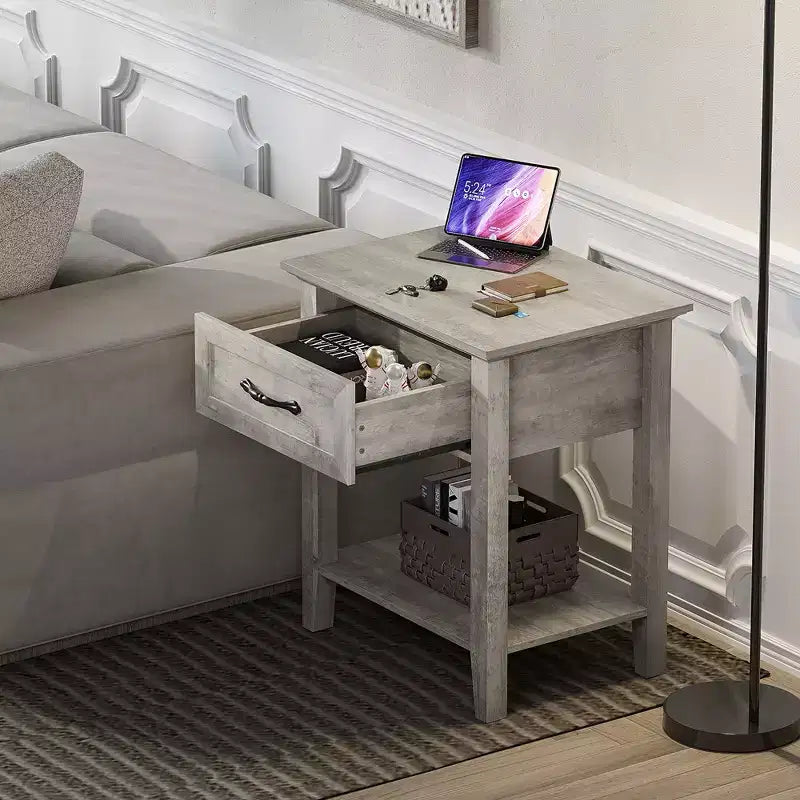 Garvee Modern Versatile Nightstand Beside End Table for Bedroom Nursery Living Room, End Table with Storage Drawer, Easy Assembly, Gray