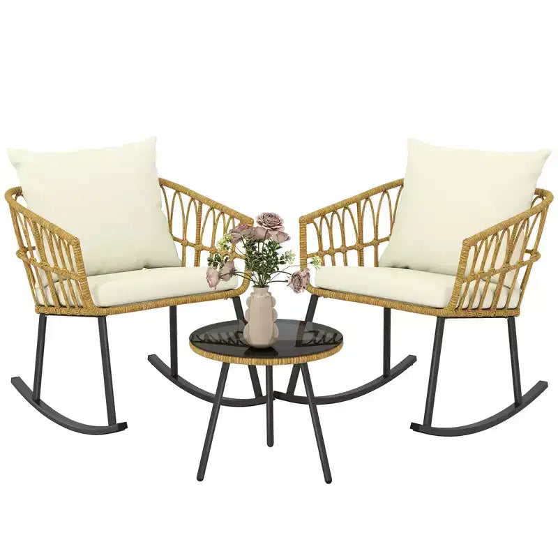 Outsunny Cushioned 3 Piece Patio Rocking Chair Patio Set, Glass Top Coffee Table Wicker Bistro Set, Cream White
