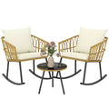 Outsunny Cushioned 3 Piece Patio Rocking Chair Patio Set, Glass Top Coffee Table Wicker Bistro Set, Cream White
