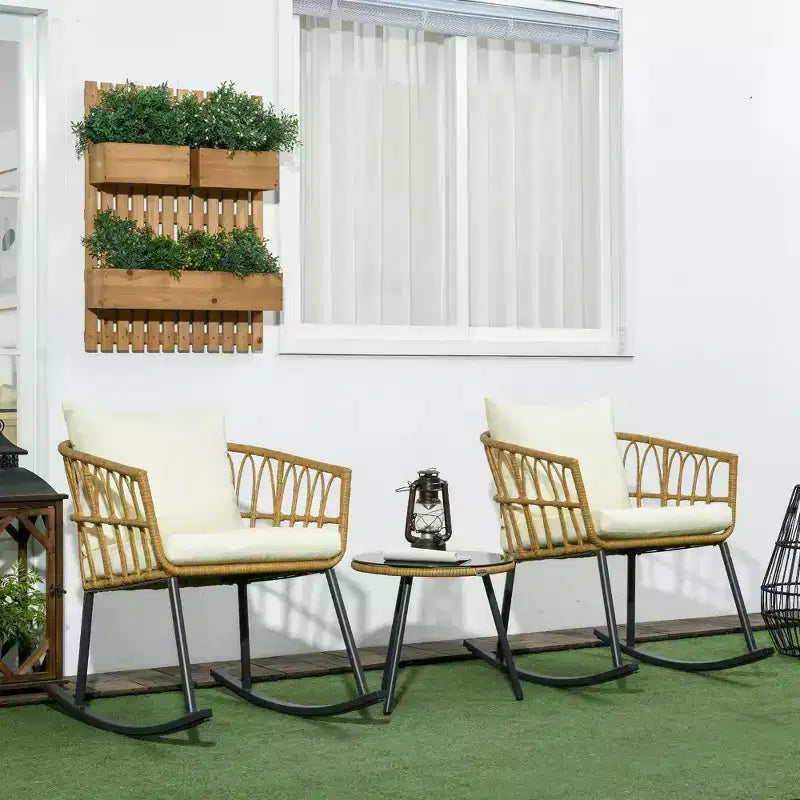 Outsunny Cushioned 3 Piece Patio Rocking Chair Patio Set, Glass Top Coffee Table Wicker Bistro Set, Cream White