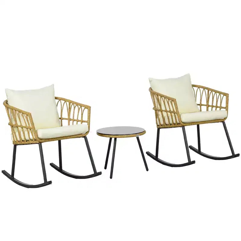 Outsunny Cushioned 3 Piece Patio Rocking Chair Patio Set, Glass Top Coffee Table Wicker Bistro Set, Cream White