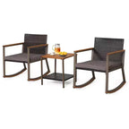 Costway 3 PCS Patio Rattan Rocking Chair Bistro Set Armrest Cushion Table with Storage Shelf Navy/Grey/Off White