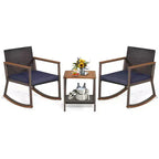 Costway 3 PCS Patio Rattan Rocking Chair Bistro Set Armrest Cushion Table with Storage Shelf Navy/Grey/Off White