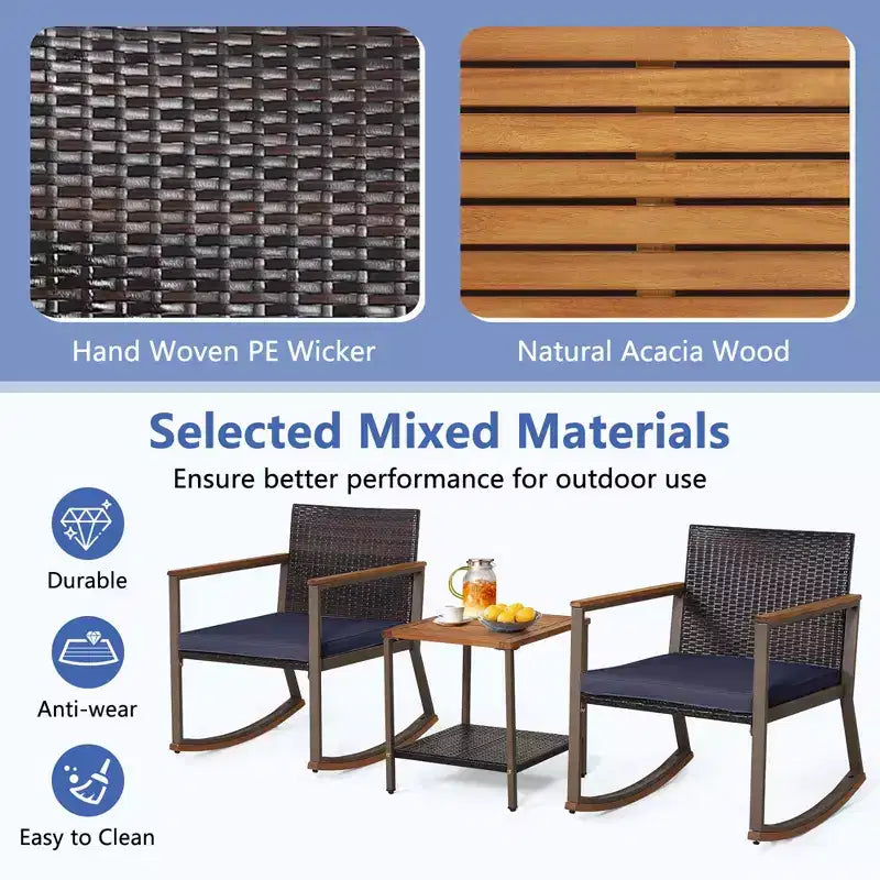 Costway 3 PCS Patio Rattan Rocking Chair Bistro Set Armrest Cushion Table with Storage Shelf Navy/Grey/Off White