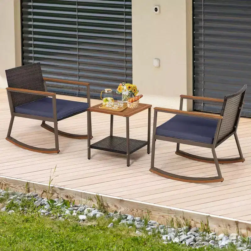 Costway 3 PCS Patio Rattan Rocking Chair Bistro Set Armrest Cushion Table with Storage Shelf Navy/Grey/Off White