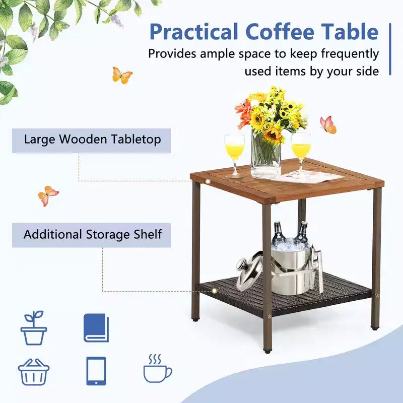 Costway 3 PCS Patio Rattan Rocking Chair Bistro Set Armrest Cushion Table with Storage Shelf Navy/Grey/Off White