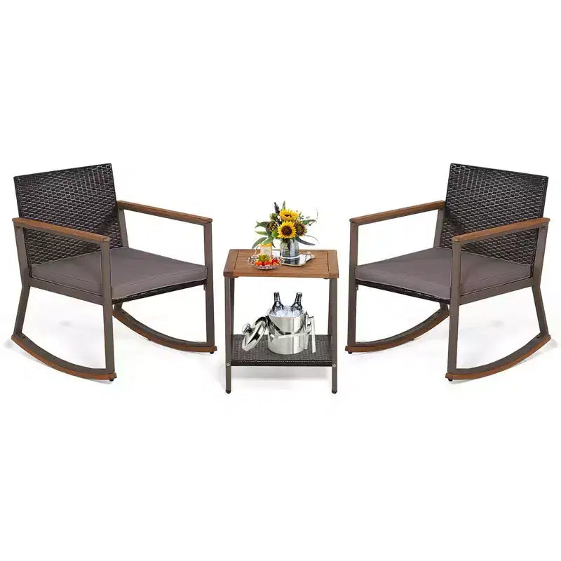 Costway 3 PCS Patio Rattan Rocking Chair Bistro Set Armrest Cushion Table with Storage Shelf Navy/Grey/Off White
