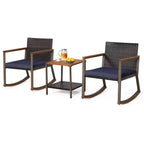 Costway 3 PCS Patio Rattan Rocking Chair Bistro Set Armrest Cushion Table with Storage Shelf Navy/Grey/Off White
