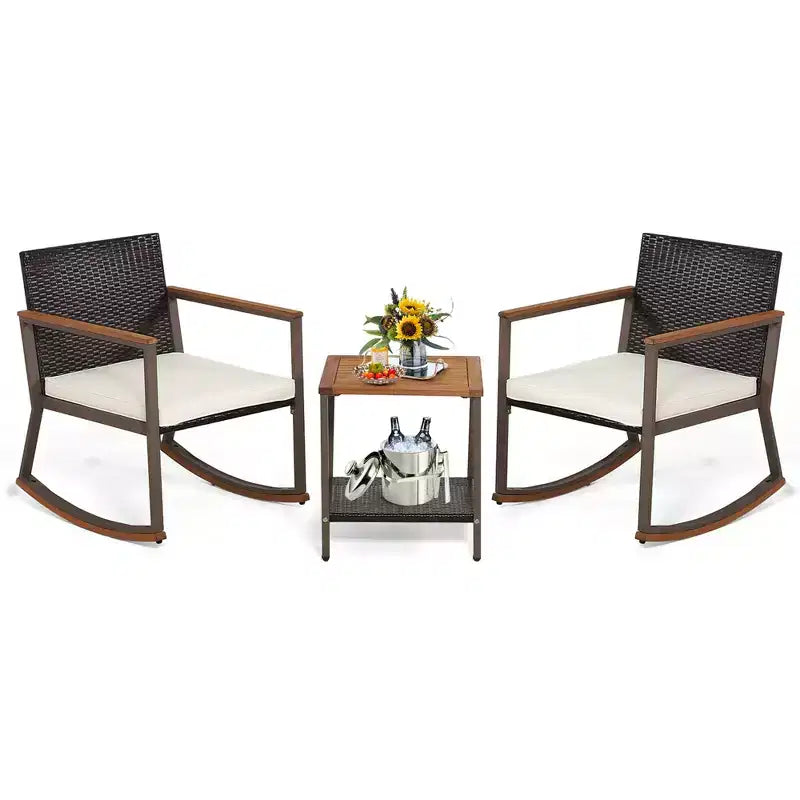 Costway 3 PCS Patio Rattan Rocking Chair Bistro Set Armrest Cushion Table with Storage Shelf Navy/Grey/Off White
