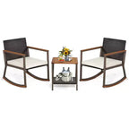 Costway 3 PCS Patio Rattan Rocking Chair Bistro Set Armrest Cushion Table with Storage Shelf Navy/Grey/Off White