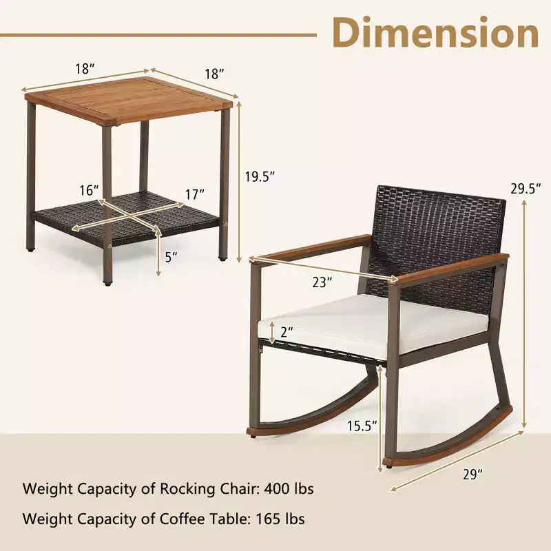 Costway 3 PCS Patio Rattan Rocking Chair Bistro Set Armrest Cushion Table with Storage Shelf Navy/Grey/Off White