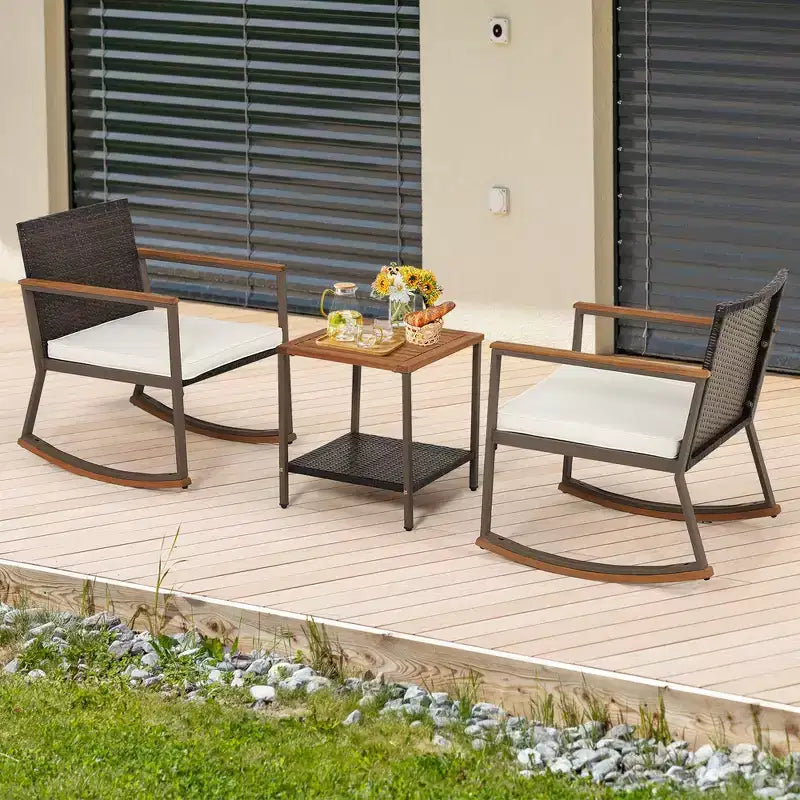 Costway 3 PCS Patio Rattan Rocking Chair Bistro Set Armrest Cushion Table with Storage Shelf Navy/Grey/Off White
