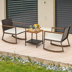 Costway 3 PCS Patio Rattan Rocking Chair Bistro Set Armrest Cushion Table with Storage Shelf Navy/Grey/Off White