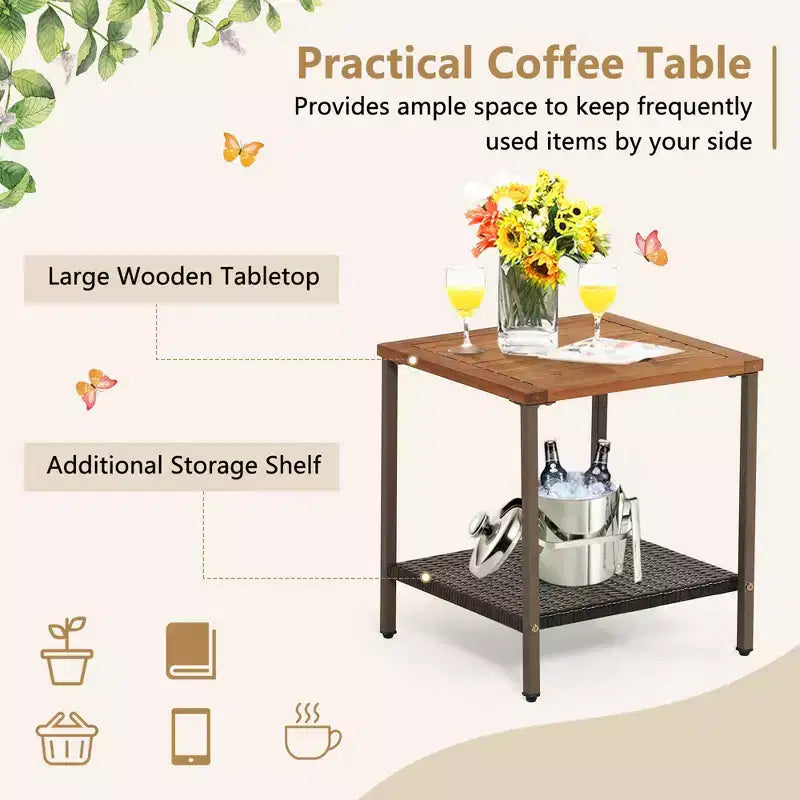 Costway 3 PCS Patio Rattan Rocking Chair Bistro Set Armrest Cushion Table with Storage Shelf Navy/Grey/Off White