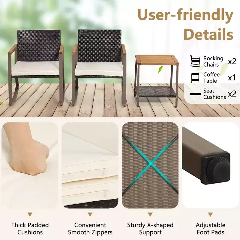 Costway 3 PCS Patio Rattan Rocking Chair Bistro Set Armrest Cushion Table with Storage Shelf Navy/Grey/Off White