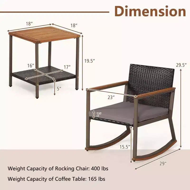 Costway 3 PCS Patio Rattan Rocking Chair Bistro Set Armrest Cushion Table with Storage Shelf Navy/Grey/Off White
