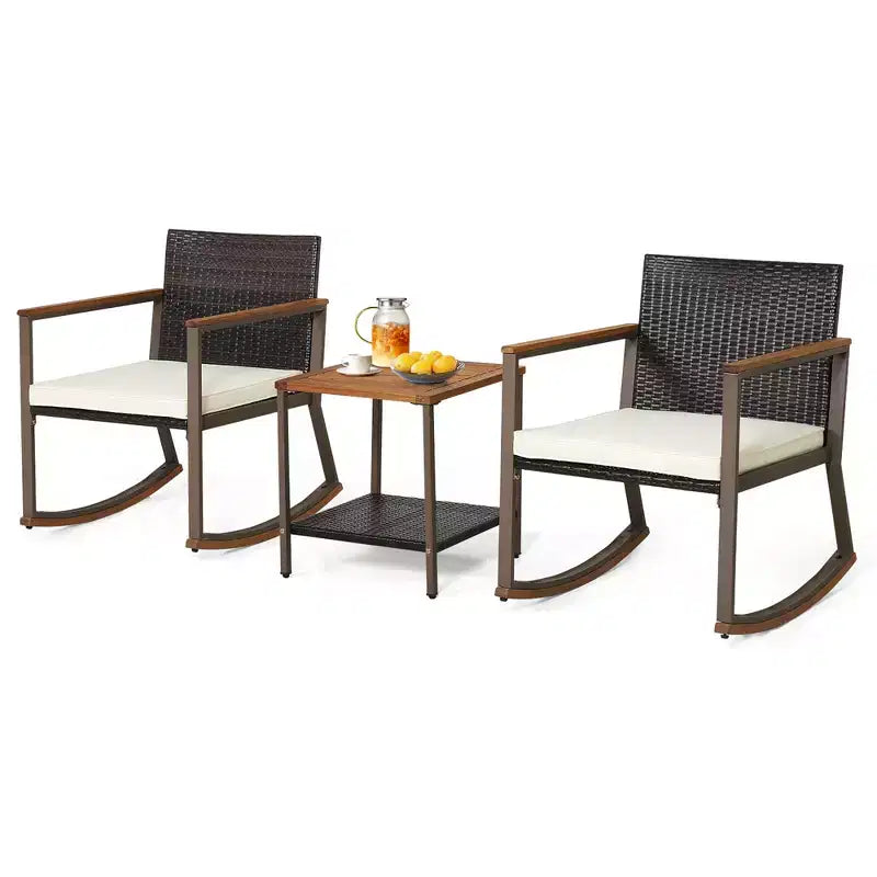 Costway 3 PCS Patio Rattan Rocking Chair Bistro Set Armrest Cushion Table with Storage Shelf Navy/Grey/Off White