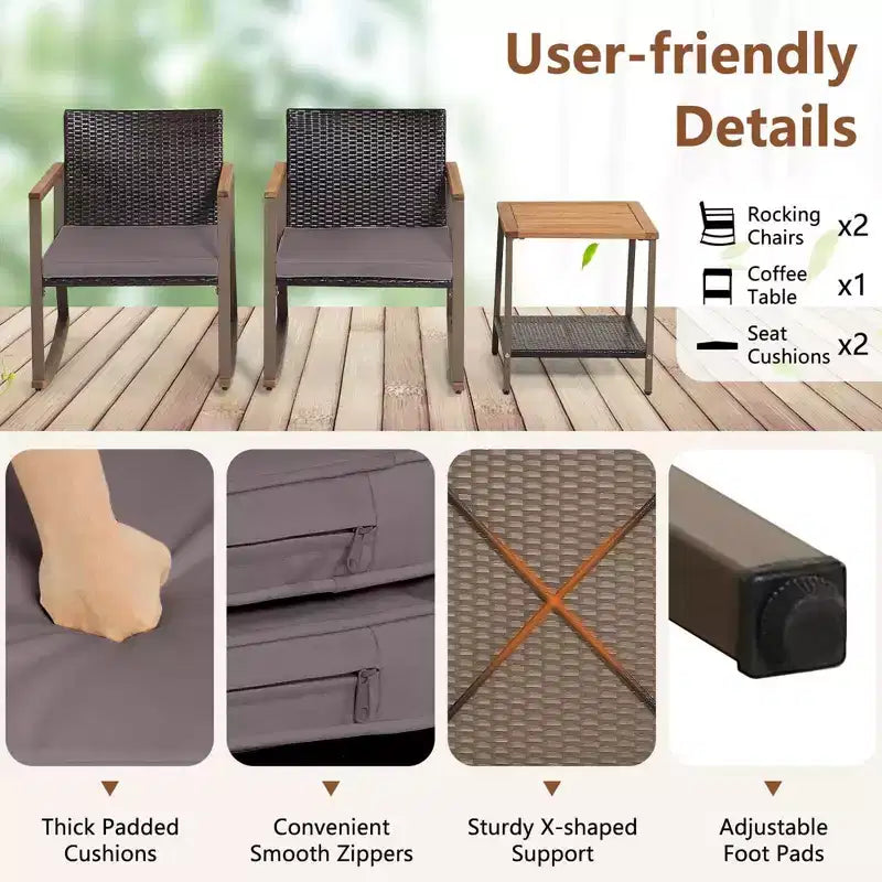 Costway 3 PCS Patio Rattan Rocking Chair Bistro Set Armrest Cushion Table with Storage Shelf Navy/Grey/Off White