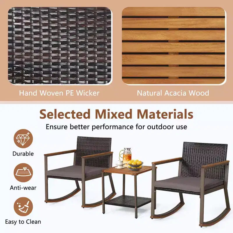 Costway 3 PCS Patio Rattan Rocking Chair Bistro Set Armrest Cushion Table with Storage Shelf Navy/Grey/Off White