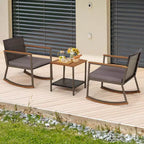 Costway 3 PCS Patio Rattan Rocking Chair Bistro Set Armrest Cushion Table with Storage Shelf Navy/Grey/Off White