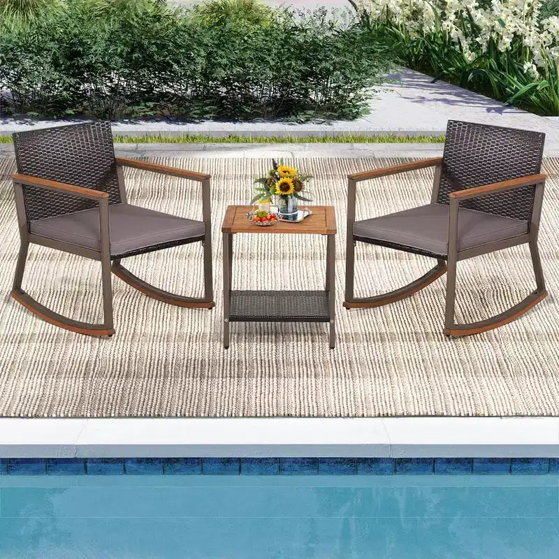 Costway 3 PCS Patio Rattan Rocking Chair Bistro Set Armrest Cushion Table with Storage Shelf Navy/Grey/Off White