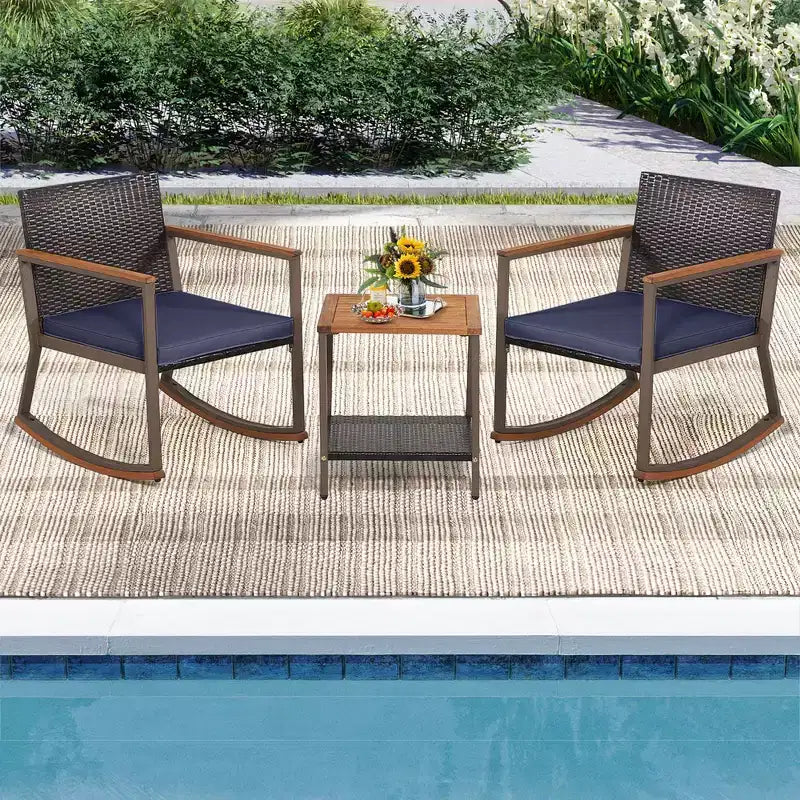 Costway 3 PCS Patio Rattan Rocking Chair Bistro Set Armrest Cushion Table with Storage Shelf Navy/Grey/Off White