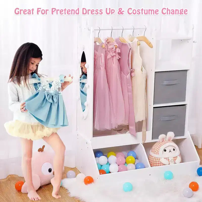 Kid Clothes Hanger with Lighted Mirror Girl Dress-Up Storage Armoire Clothing Rack and Storage Bin