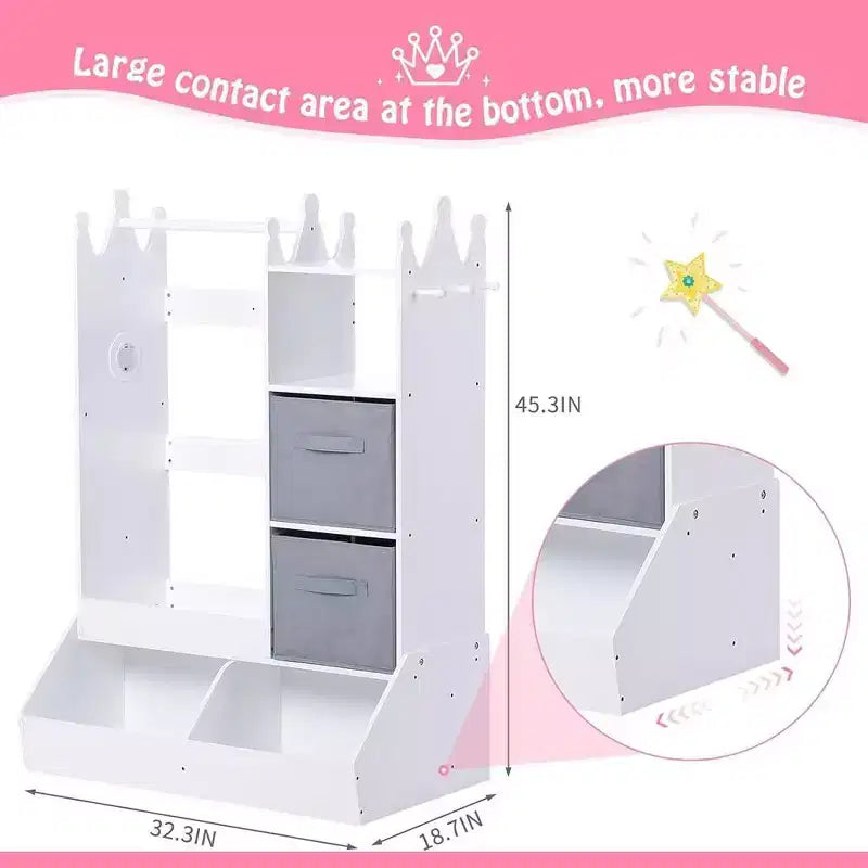 Kid Clothes Hanger with Lighted Mirror Girl Dress-Up Storage Armoire Clothing Rack and Storage Bin