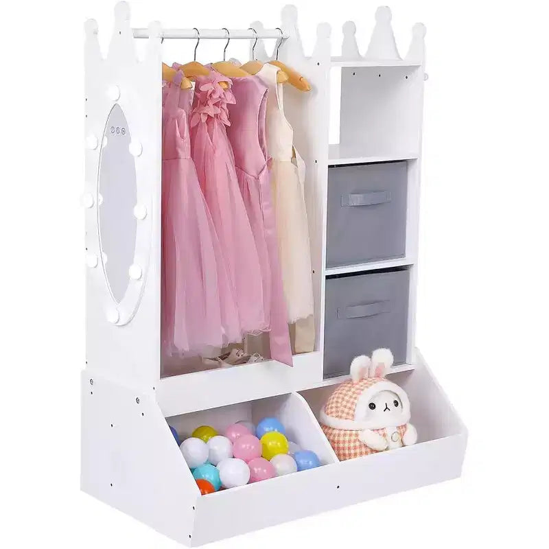 Kid Clothes Hanger with Lighted Mirror Girl Dress-Up Storage Armoire Clothing Rack and Storage Bin