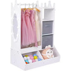 Kid Clothes Hanger with Lighted Mirror Girl Dress-Up Storage Armoire Clothing Rack and Storage Bin