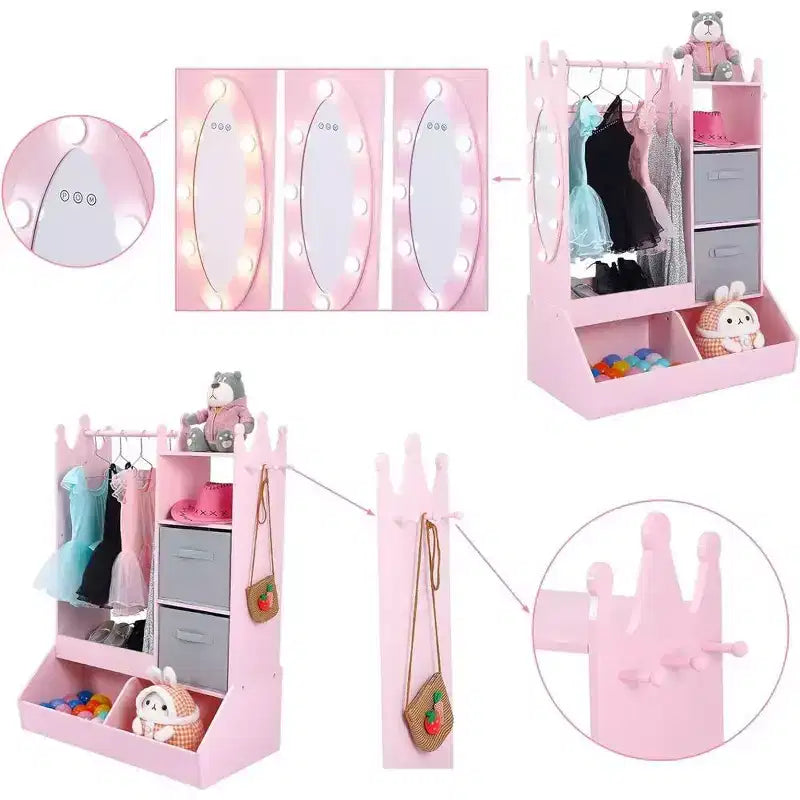 Kid Clothes Hanger with Lighted Mirror Girl Dress-Up Storage Armoire Clothing Rack and Storage Bin