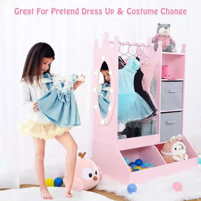 Kid Clothes Hanger with Lighted Mirror Girl Dress-Up Storage Armoire Clothing Rack and Storage Bin