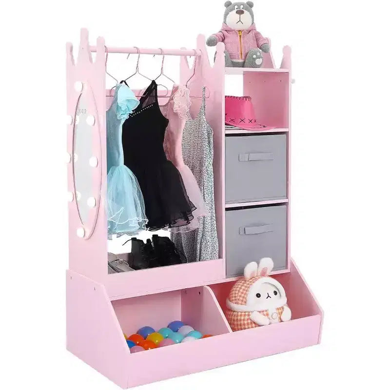 Kid Clothes Hanger with Lighted Mirror Girl Dress-Up Storage Armoire Clothing Rack and Storage Bin