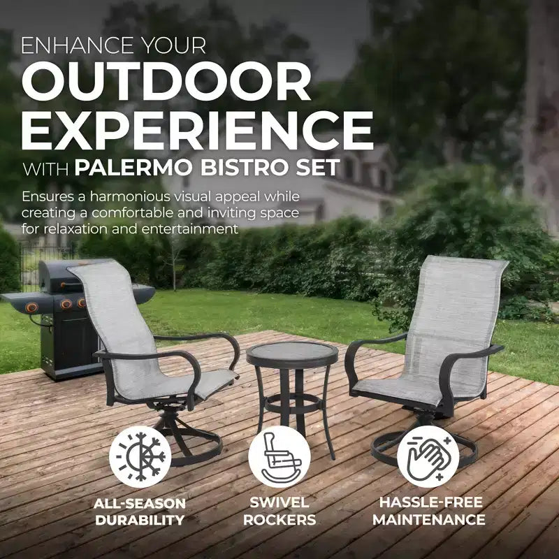 Four Seasons Courtyard Palermo 3 Piece Aluminum Bistro Furniture Set with Swivel Rockers and Drop In Tile Table for Outdoor Backyard Lawns and Patios