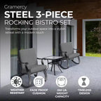 Four Seasons Courtyard Gramercy 3 Piece Cushioned Rocking Chairs Outdoor Backyard Patio Furniture Bistro Set with Square Side Table, Charcoal Gray