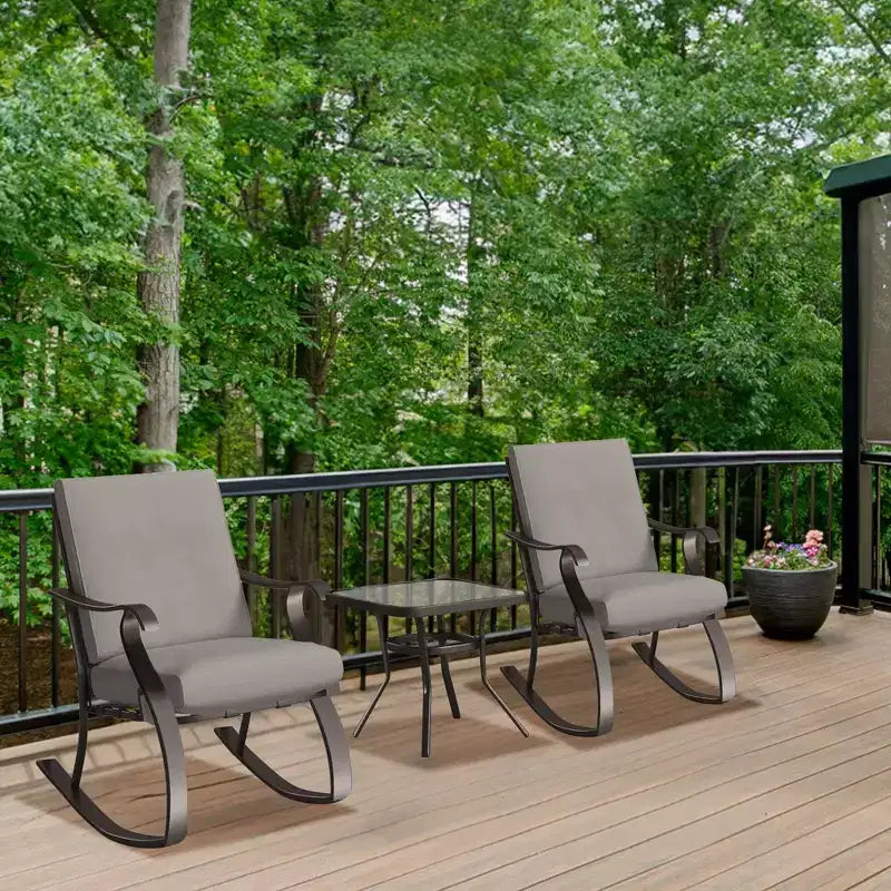 Four Seasons Courtyard Gramercy 3 Piece Cushioned Rocking Chairs Outdoor Backyard Patio Furniture Bistro Set with Square Side Table, Charcoal Gray