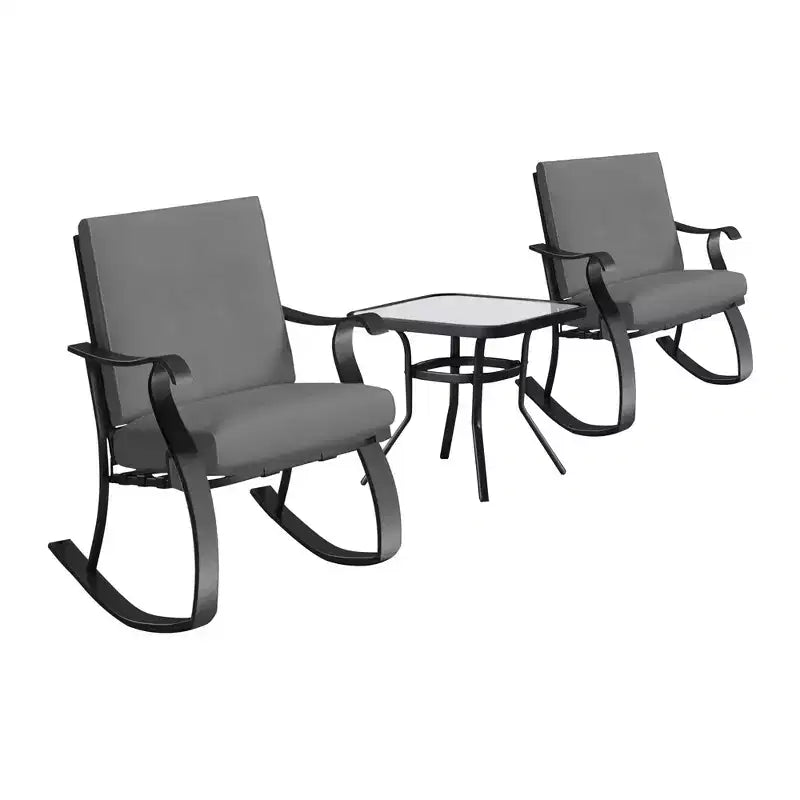 Four Seasons Courtyard Gramercy 3 Piece Cushioned Rocking Chairs Outdoor Backyard Patio Furniture Bistro Set with Square Side Table, Charcoal Gray