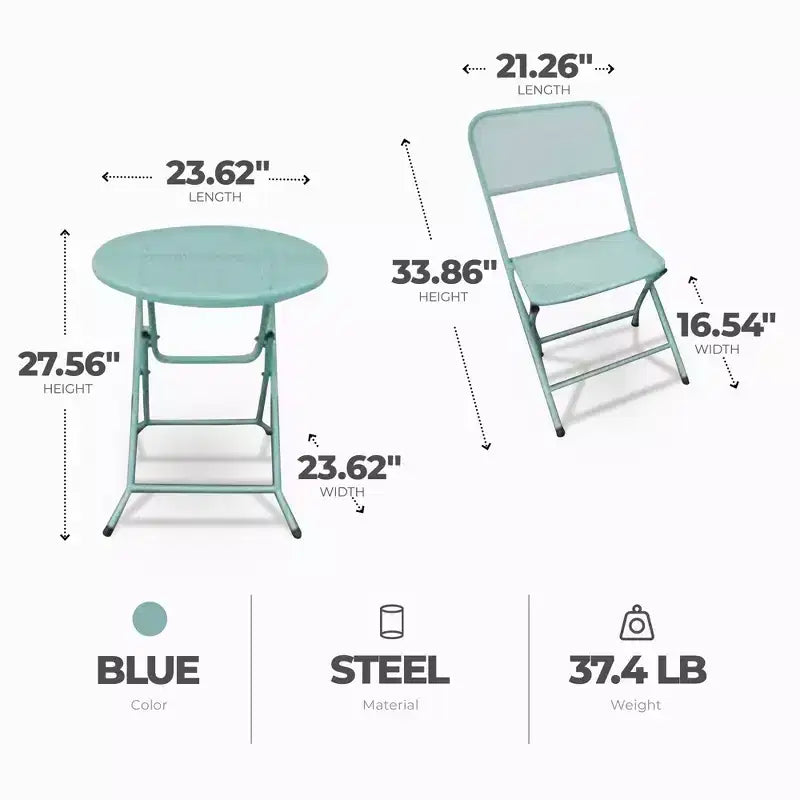 Four Seasons Courtyard Padova Foldable 3 Piece Powder Coated Steel Mesh Outdoor Patio Bistro Dining Set, Includes 1 Table and 2 Chairs, Blue