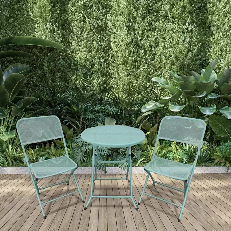 Four Seasons Courtyard Padova Foldable 3 Piece Powder Coated Steel Mesh Outdoor Patio Bistro Dining Set, Includes 1 Table and 2 Chairs, Blue