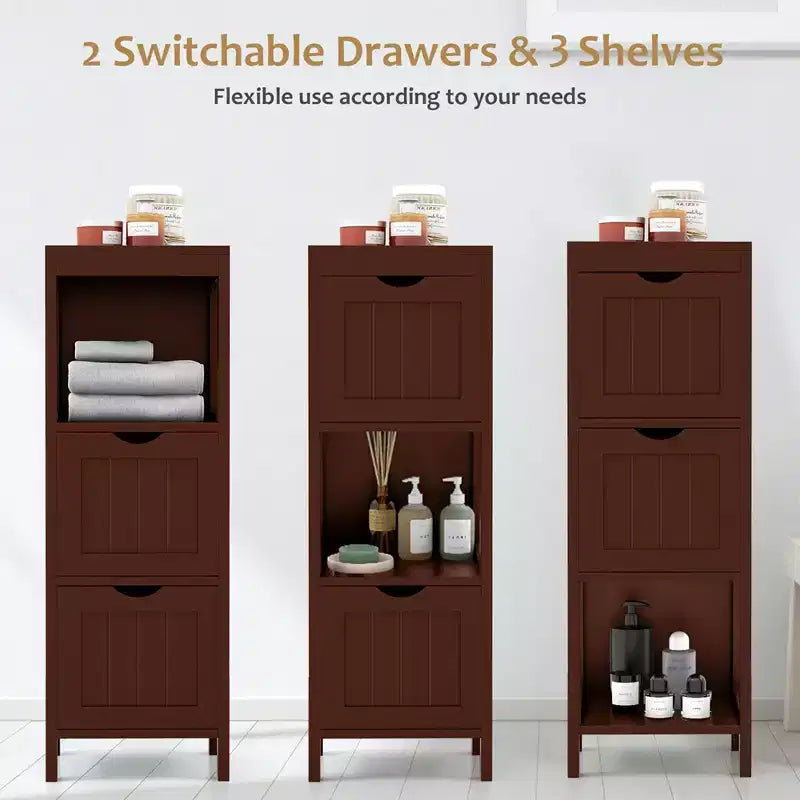 Costway Bathroom Floor Cabinet Freestanding Side Storage Organizer with 2 Removable Drawers Brown/Grey/Black